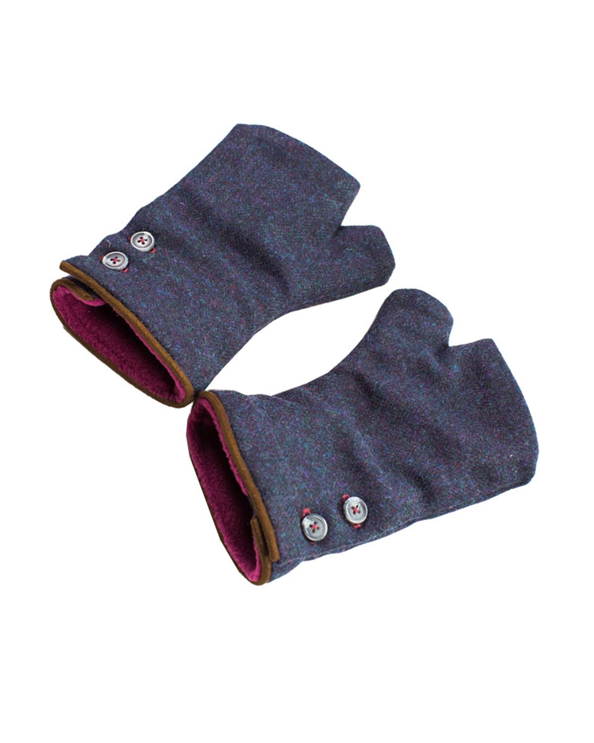 Blue Tweed Fingerless Mittens with plum fleece lining