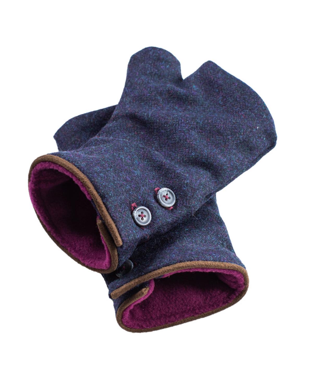 Blue Tweed Fingerless Mittens with plum fleece lining